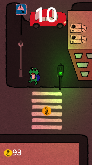 Sammakko hyppelee tien reunassa tummassa kaupunkimaisemassa