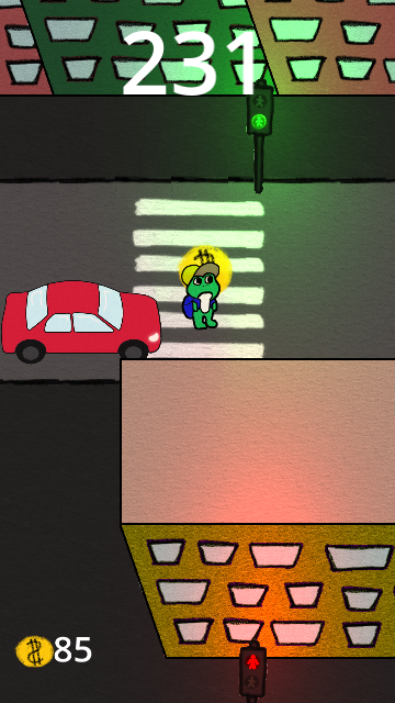 Lippispäinen sammakko on suojatiellä vihreän valon palaessa