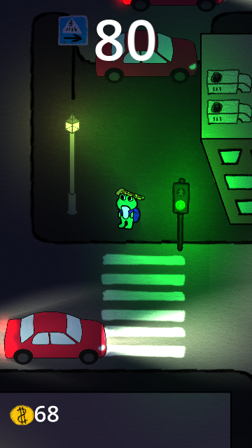 Pizzapalapäinen sammakko seisoo suojatien lähellä pimeässä kaupunkimaisemassa katulamppujen loistaessa