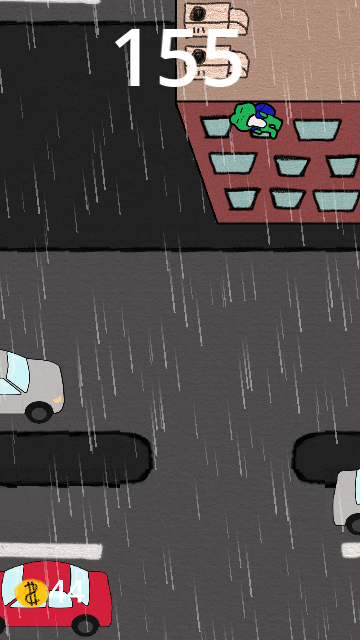 Sammakkoon on osunut auto ja sammakko lentää korkealla ilmassa