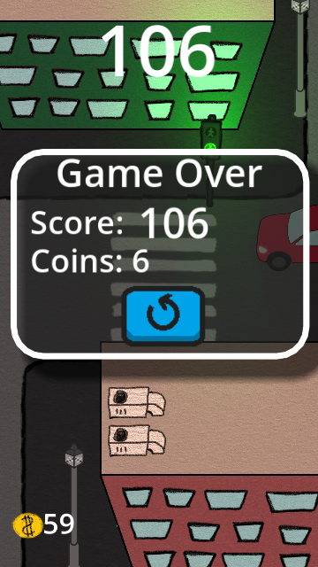 Game Over-ruudulla näkyy pisteet ja kerätyt kolikot