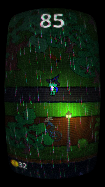 Velhonhattupäinen sammakko seisoo sateisessa ja synkässä puistossa, käytössä on kuvaa vääristävä CRT TV-efekti