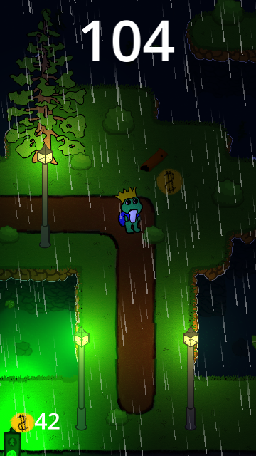 Kruunupäinen sammakko katselee synkässä katulamppujen valaisemassa puistossa kolikkoa