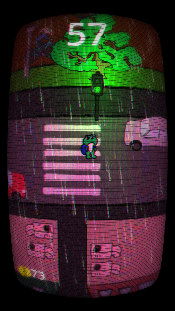 Sammakko ylittää tietä vihreän valon palaessa, käytössä on kuvaa vääristävä CRT TV-efekti