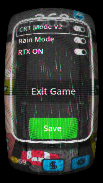 Pelin asetusruutu, jossa valittuna CRT Mode V2, Rain Mode, RTX ON