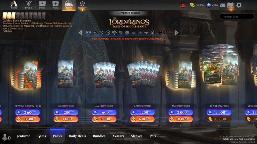 Image of the Magic Arena store interface displaying various purchase options for the 'Lord of the Rings: Tales from the Middle-Earth' set.