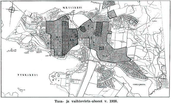 Kartta Tampereen tasavirta/vaihtovirta-alueista 1938