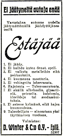 Estäjää jäänestoaineen mainos Aamulehdessä 26.2.1929