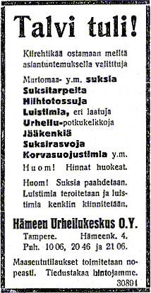 Mainos Aamulehden etusivulla 3.2.1925