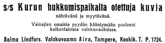 Ilmoitus Aamulehdessä 9.9.1929