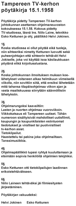 Tampereen TV-kerhon pytkirja 15.1.1958