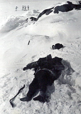 Ptn mies makaa maassa lumiaavikolla. Kauempana hiihtji.