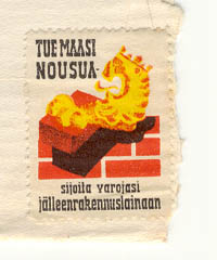 Kirjeensulkijamerkki, jossa on punatiili, keltainen Suomen leijona ja teksti: Tue maasi nousua. Tyn ja taistelun laina.