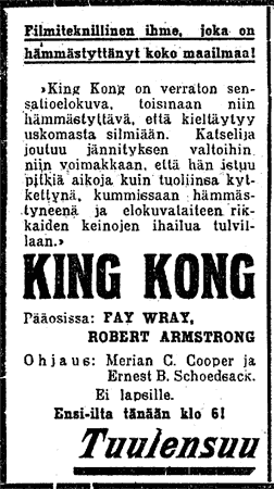 KingKong elokuvan ensi-iltamainos Aamulehdessä 3.8.1934.