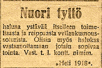 Kuva: Lehti-ilmoitus 25.3.1918. Kansan Lehti. 