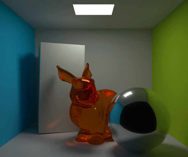 Path traced Cornell Box with a reflective sphere and a refractive Stanford Bunny, caustics, and soft shadows