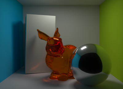 Path traced Cornell Box with a reflective sphere and a refractive Stanford Bunny, caustics, and soft shadows