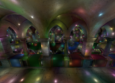 Sponza with a lot of colourful lights, rendered using the HBIG data structure
