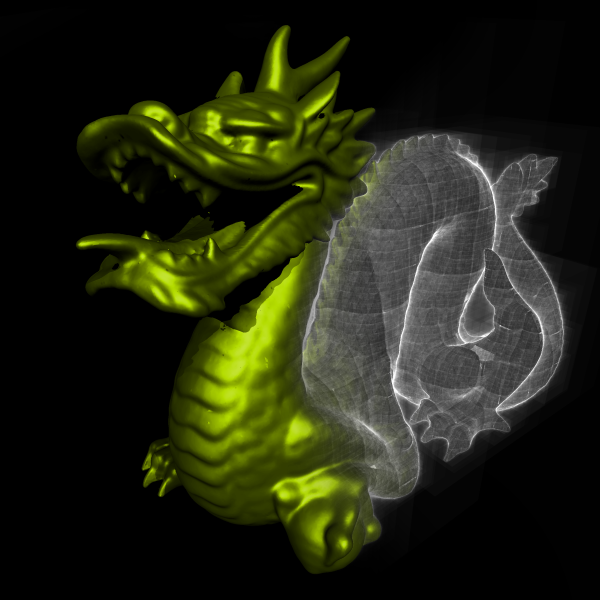 Dragon, partially rendered and partially showing the constructed BVH structure