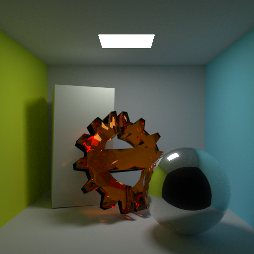 Cornell Box with a reflective sphere, refractive TUT logo, caustics, and soft shadows