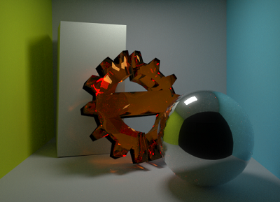 Cornell Box with a reflective sphere, refractive TUT logo, caustics, and soft shadows