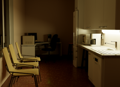 path-traced rendering of an office kitchen at night