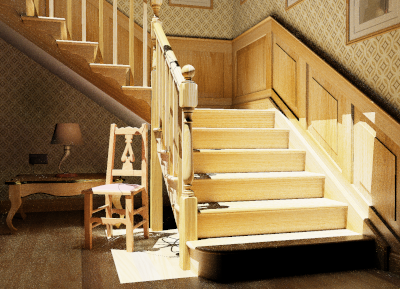 A wooden staircase rendered using RCPG.