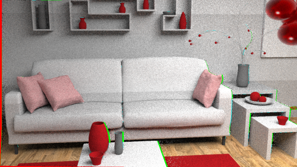 Noisy Living Room frame, highlighting pixels where stereo reprojection from the other eye did not succeed