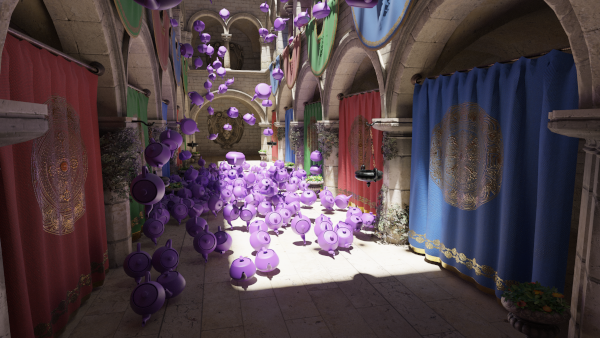 Sponza with a lot of teapots, path traced with Tauray