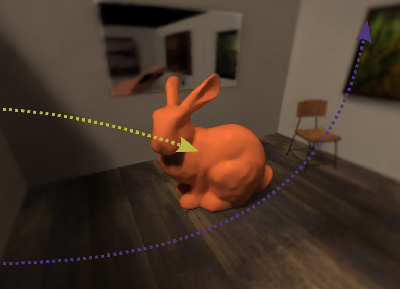 Path traced and denoised frame with the Stanford Bunny in a room with mirrors, transformed from visual-polar space into Cartesian screen space